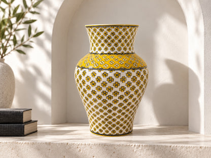 Large Decorative Ceramic Vase 12 Inch Yellow Ivory Geometric Pottery, Statement Home Decor