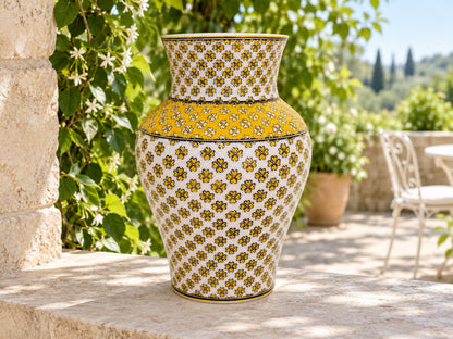 Large Decorative Ceramic Vase 12 Inch Yellow Ivory Geometric Pottery, Statement Home Decor