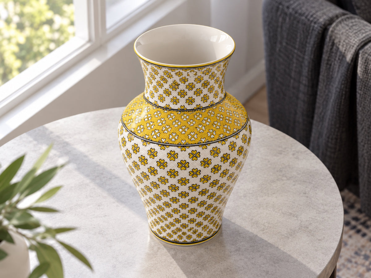 Large Decorative Ceramic Vase 12 Inch Yellow Ivory Geometric Pottery, Statement Home Decor