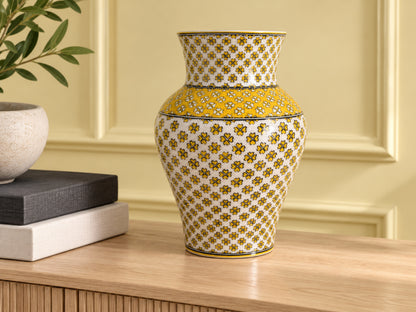 Large Decorative Ceramic Vase 12 Inch Yellow Ivory Geometric Pottery, Statement Home Decor