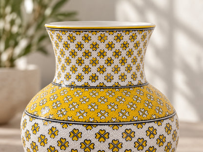 Large Decorative Ceramic Vase 12 Inch Yellow Ivory Geometric Pottery, Statement Home Decor