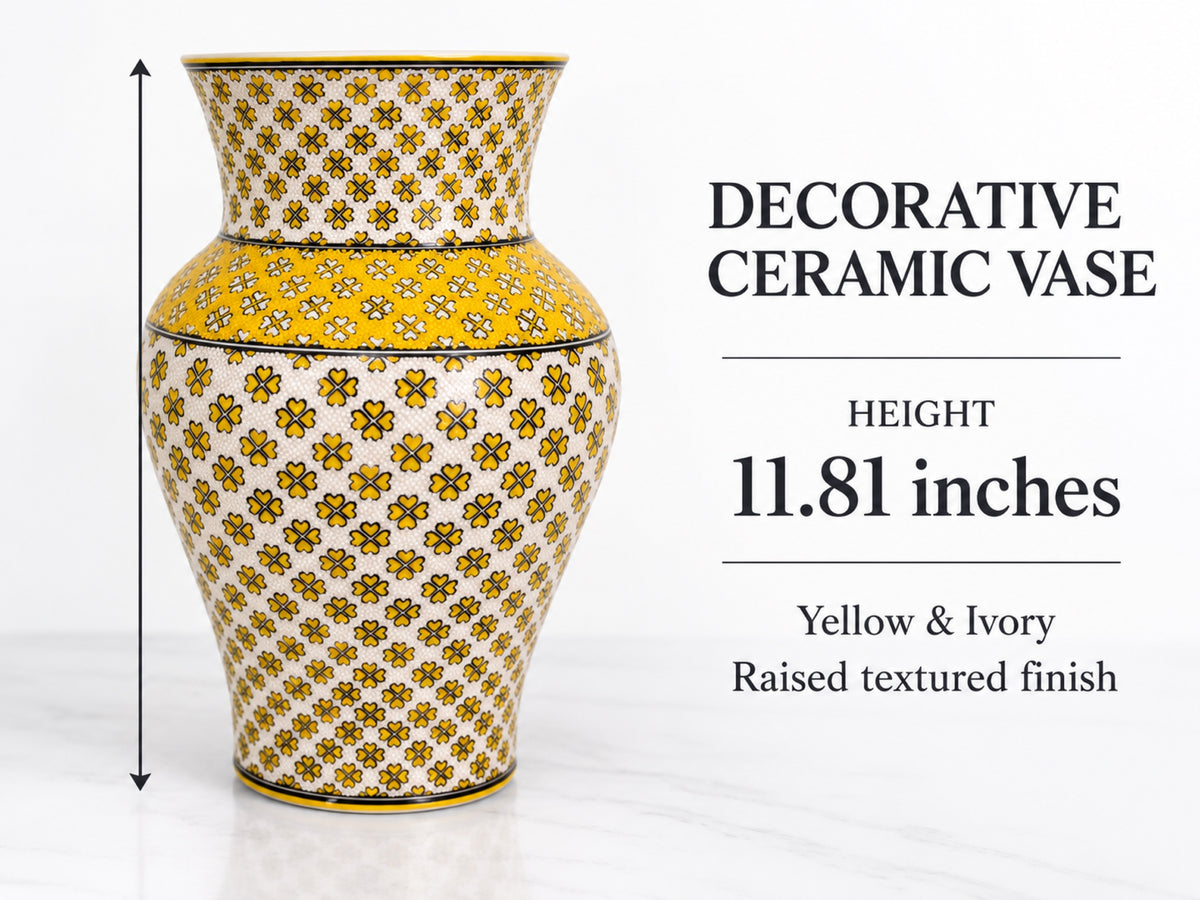 Large Decorative Ceramic Vase 12 Inch Yellow Ivory Geometric Pottery, Statement Home Decor