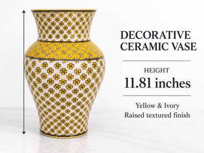 Large Decorative Ceramic Vase 12 Inch Yellow Ivory Geometric Pottery, Statement Home Decor
