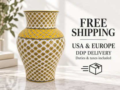 Large Decorative Ceramic Vase 12 Inch Yellow Ivory Geometric Pottery, Statement Home Decor